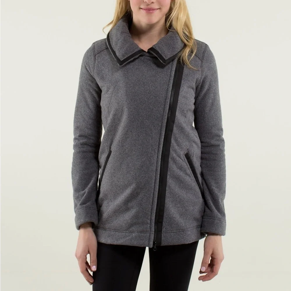 Lululemon Fleece Moto Jacket Black/Ambient Grey/Black Size 4 Full Zip